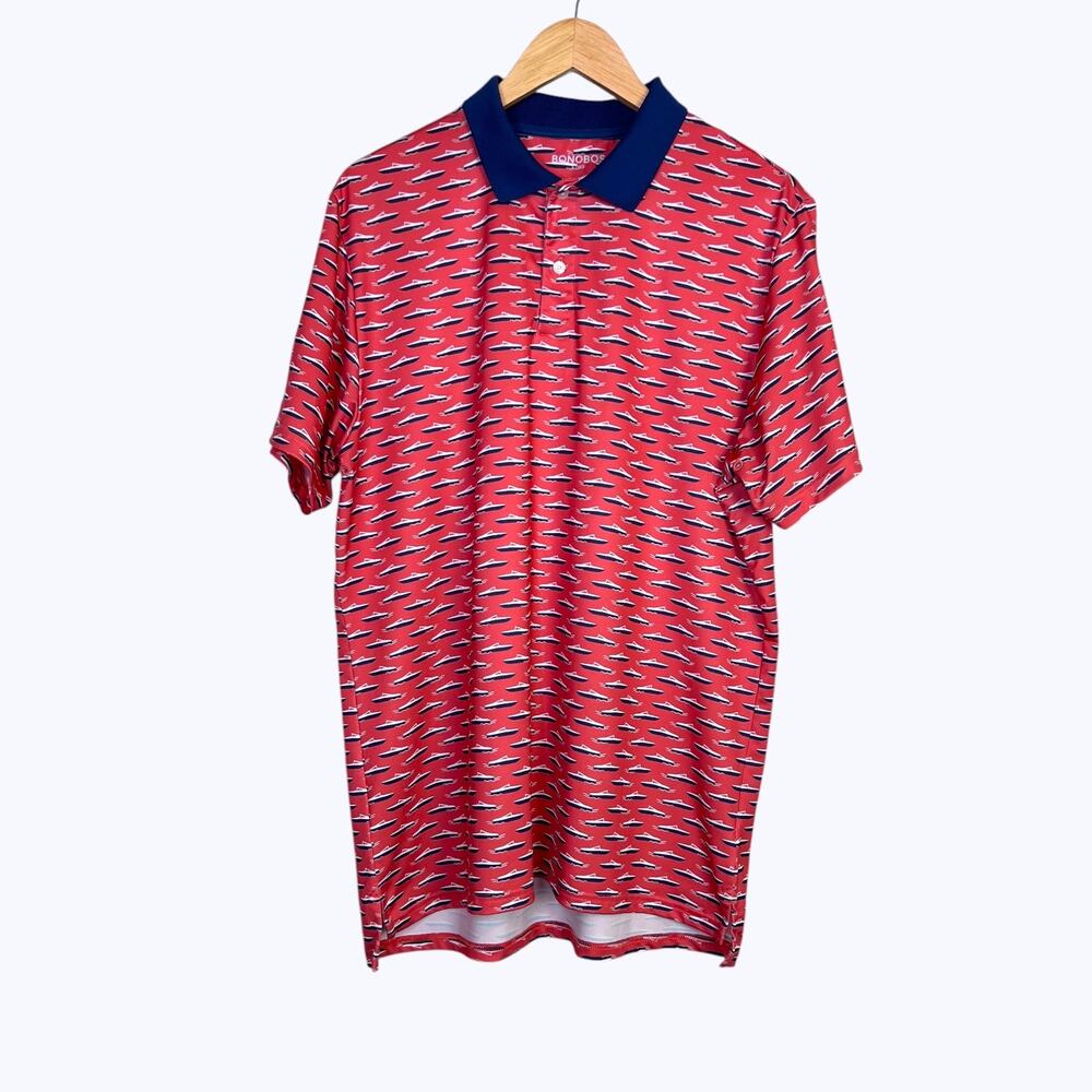 BONOBOS Golf Polo Shirt Boat Print Athletic Slim Fit Casual in Coral Men's Large